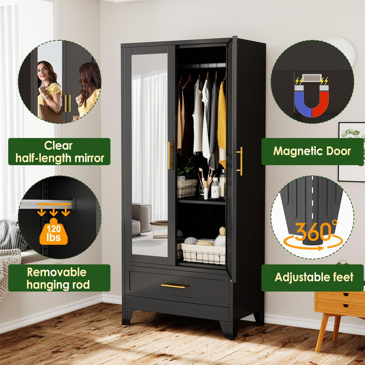 winiowa Metal Armoire Wardrobe Closet with Drawer, 71" Wardrobe Cabinet with Adjustable Shelves and Hanging Rod, Clothing Storage Cabinet Closet with Mirror for Bedroom-Black winiowa