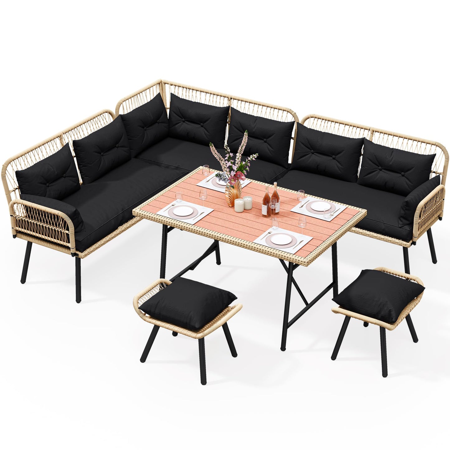 YITAHOME Patio Wicker L-Shaped Furniture Set, All-Weather Rattan Outdoor Conversation Sofa Set for Backyard Deck with Soft Cushions,Ottomans and Plastic Wood Dining Table (Light Brown+Black)