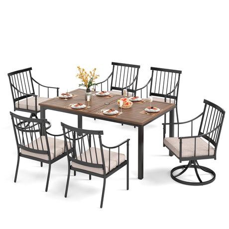 PHI VILLA 7 Pieces Outdoor Dining Set for 6, 65” Wood-Like Metal Rectangle Dining Table & Swivel Chairs with Cushions, Large Modern Dining Furniture Set for Patio, Deck, Porch, Backyard PHI VILLA