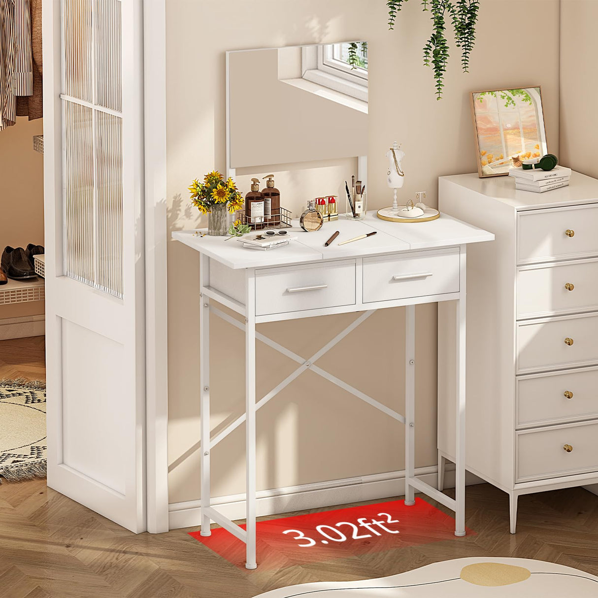 Dmticoasis Small Vanity Desk with Mirror, Compact Makeup Desk for Small Spaces,Modern Dressing Table with 2 Drawers,28.4 Inchs White Vanity with Storage for Girls and Women Dmticoasis