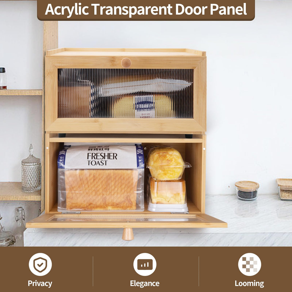 LEIMO KPARTS Bread Storage Farmhouse Bread Box For Kitchen Countertop,Single Layer Bamboo Wooden BreadBox Large Capacity Bin Bread Holder For Kitchen Counter Bread Container LEIMO KPARTS