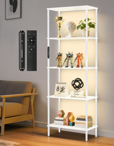OUTONLIFE 5 Tier Bookshelf with LED Light, Dimmable Bookcase with Touch & Remote Control, 3 Color Temperatures, Tall Modern Display Standing Shelf for Living Room, Bedroom, Home Office (White)