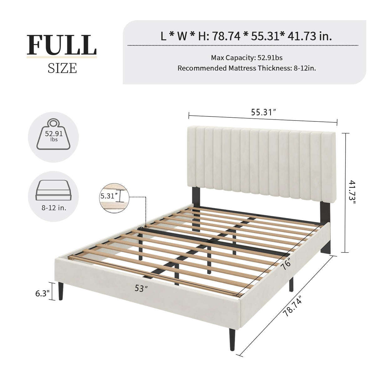 OLALITA Full Size Bed Frame with Headboard, Velvet Upholstered Platform Bed Frame Full Size, Heavy Duty Metal Frame, No Box Spring Needed, Easy Assembly (Beige, Full) OLALITA