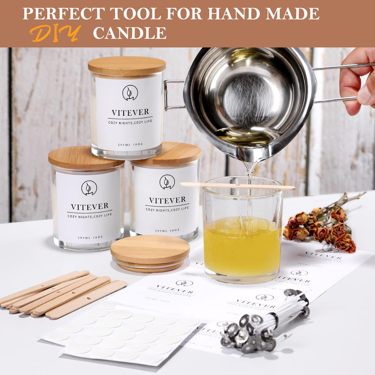 VITEVER 16 Pack, 10 OZ Thick Glass Candle Jars with Bamboo Lids and Candle Wick Kit - Bulk Clear Empty Glass Candle Jars for Making Candles - Spice, Powder Containers VITEVER