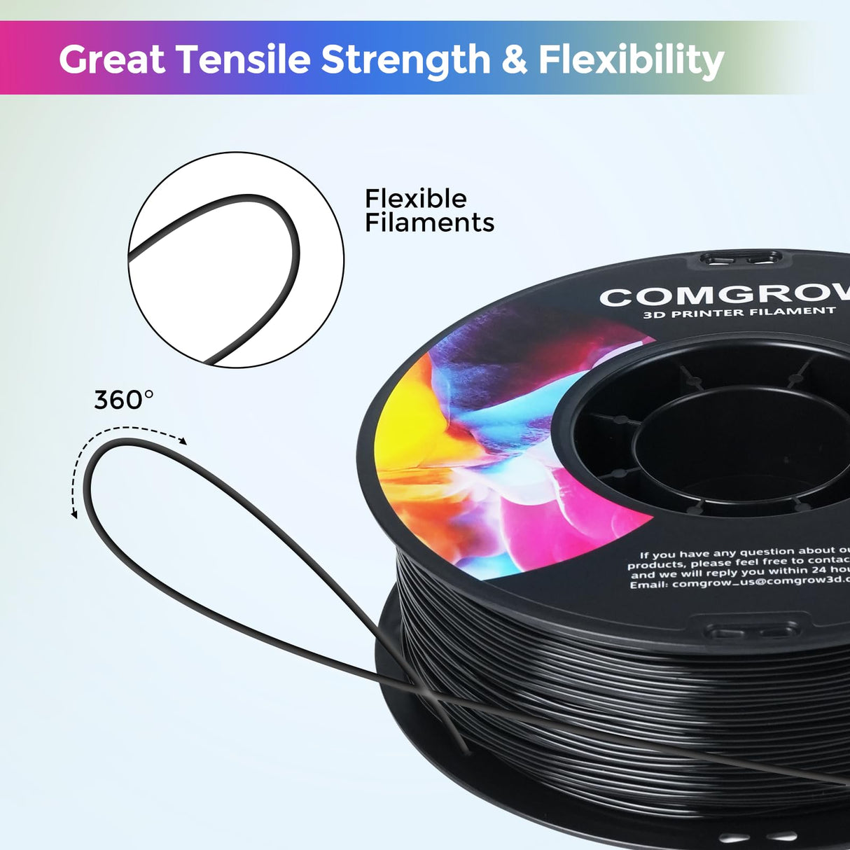 Comgrow TPU Filament, 1.75mm, 95A Soft TPU Flexible 3D Printer Filament Black 1kg (2.2lbs), Dimensional Accuracy +/- 0.02 mm, Fit Most FDM Printer Comgrow