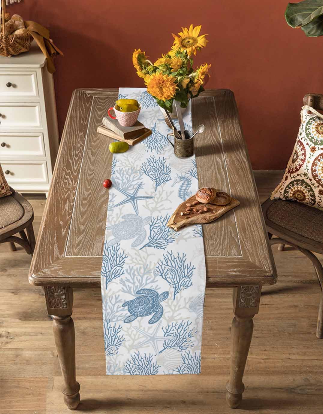 Blue Grey Coastal Table Runner 70 Inches Long, Summer Beach Nautical Farmhouse Dress Scarves, Sea Turtle Ocean Coral Dining Tablerunner for Coffee Table/Kitchen Island/Party Décor, 13" x 70" Seven Roses
