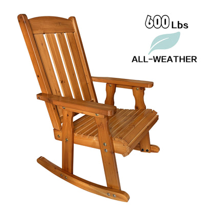 Wooden Rocking Chair with Comfortable Backrest Inclination, High Backrest and Deep Contoured Seat, Solid Fir Wood, Heavy Duty 600 LBS, for Backyard, Porch and Patio (Teak Tone with Table)