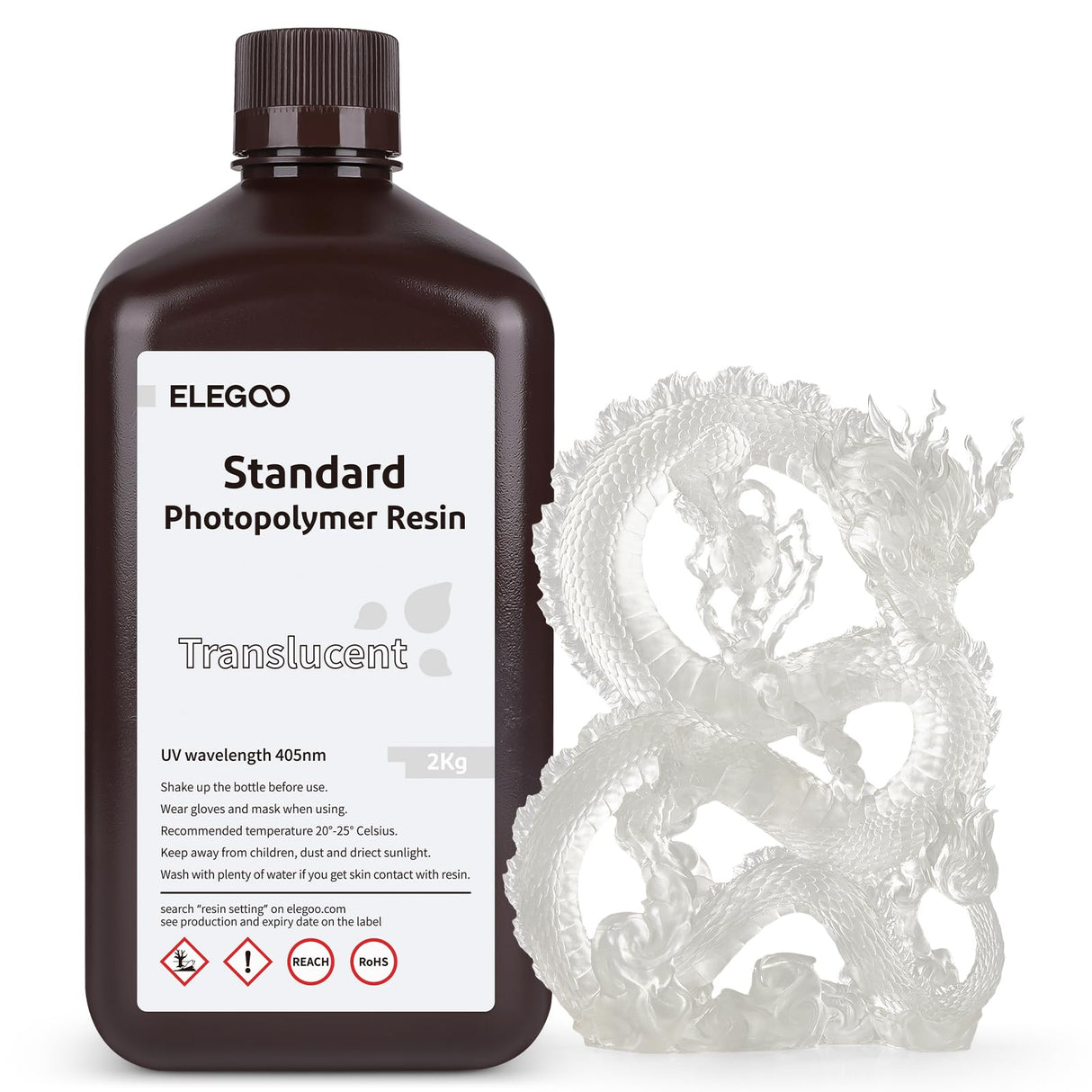 ELEGOO Standard LCD 3D Printer Resin, Fast UV-Curing 3D 405nm UV Resin Photopolymer Resin for High Precision Rapid LCD 3D Printing Translucent 2000G ELEGOO