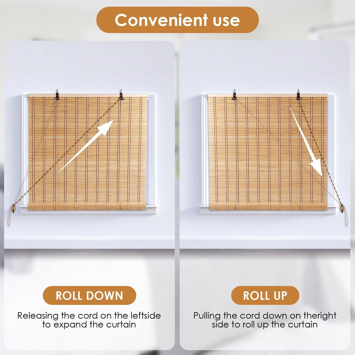 Bamboo Blinds for Interior Windows, Easy to Install Bamboo Shades for Indoor Windows, Custom Roller Shades for Indoor Window and Outdoor Patio, 23" W x 48" H BAYUE