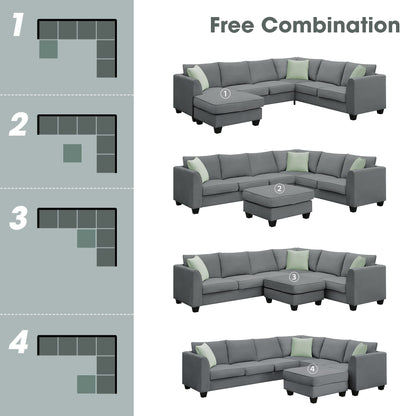 Merax Modern Large U-Shape Sectional Sofa, 7 Seat Fabric Sectional Sofa Set with Movable Ottoman, L Shape Sectional Sofa Corner Couch with 3 Pillows for Living Room Apartment, Office