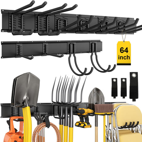 YZSFMZGE 64" Garage Tool Organizer Wall Mount, 720lbs Garden Tool Organizer with 10 Adjustable Hooks, Heavy Duty Garage Tool Storage Rack for Yard, Shed (4 Racks, 10 Hooks, 3 Straps) YZSFMZGE