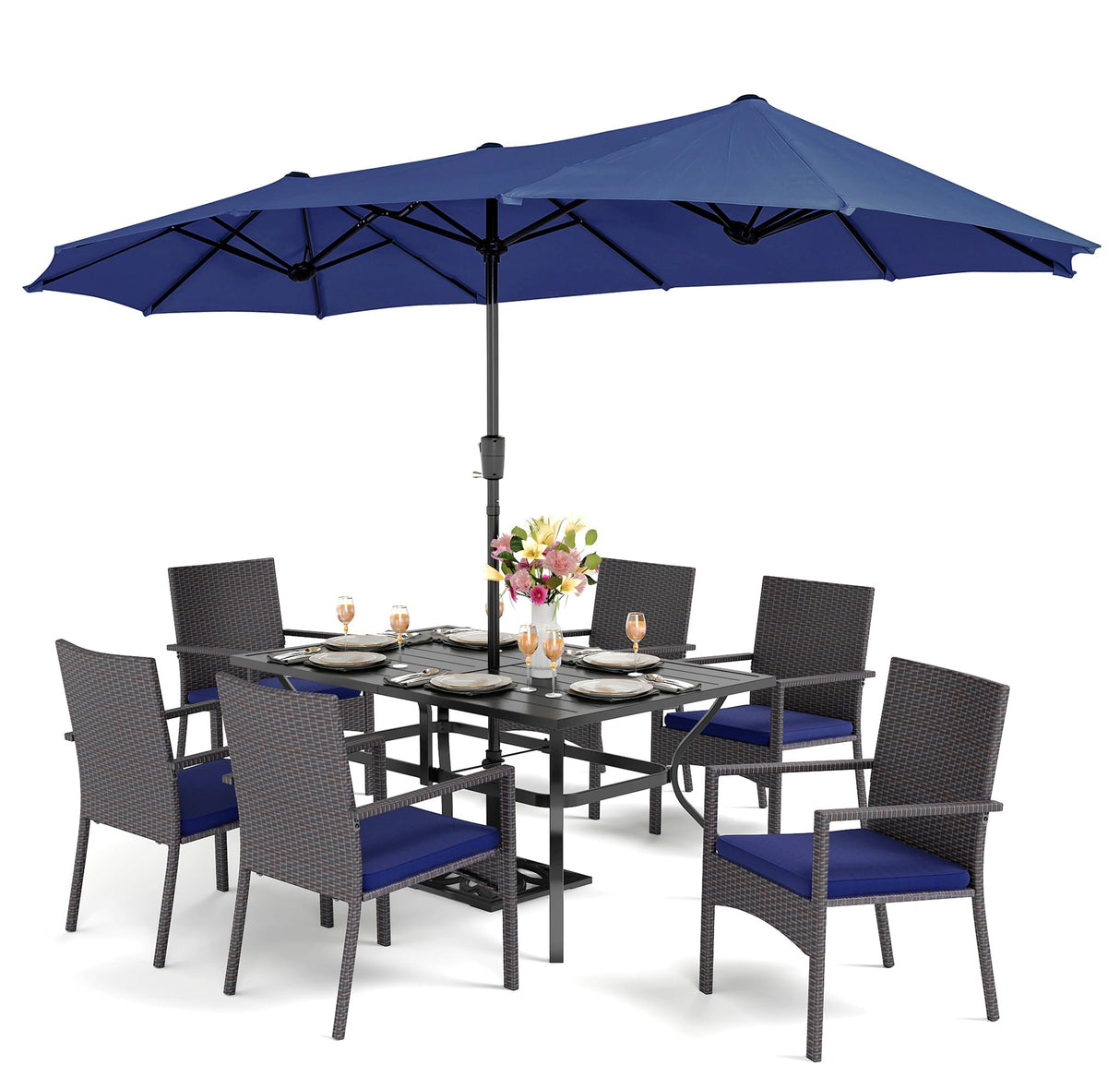 PHI VILLA 7 Piece Patio Dining Furniture Set with Umbrella, 60” Rectangular Metal Dining Table & 6 Cushioned Rattan Wicker Chairs & 13ft Large Blue Umbrella for Outdoor, Deck, Yard, Porch PHI VILLA