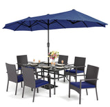 PHI VILLA 7 Piece Patio Dining Furniture Set with Umbrella, 60” Rectangular Metal Dining Table & 6 Cushioned Rattan Wicker Chairs & 13ft Large Blue Umbrella for Outdoor, Deck, Yard, Porch PHI VILLA
