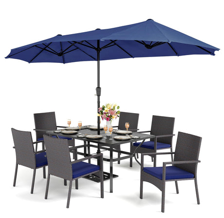 PHI VILLA 7 Piece Patio Dining Furniture Set with Umbrella, 60” Rectangular Metal Dining Table & 6 Cushioned Rattan Wicker Chairs & 13ft Large Blue Umbrella for Outdoor, Deck, Yard, Porch PHI VILLA