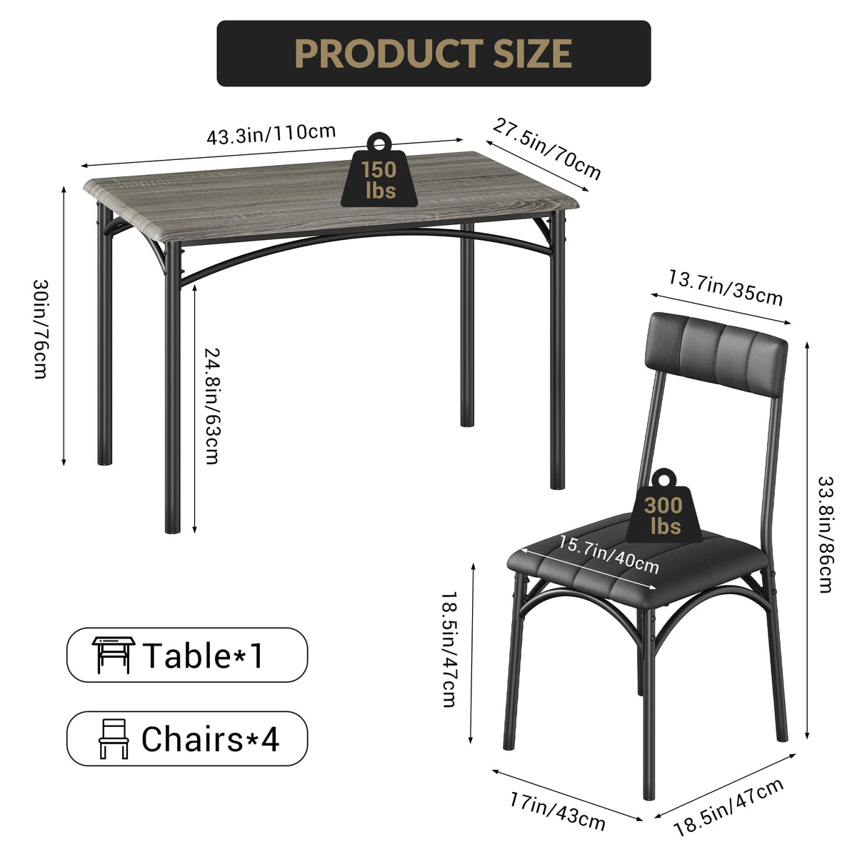 Litake Dining Room Table Set for 4, Kitchen Table Set with PU Upholstered Chairs, Square 5 Pieces Dining Table Set for Small Space, Apartment, Gray Litake