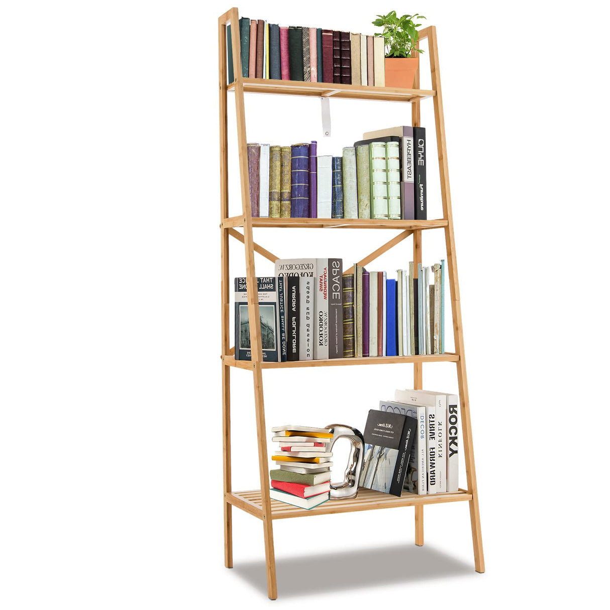 Tangkula 4-Tier Bamboo Ladder Bookshelf, Rustic Bookcase, Floor Standing Shelving Unit, Book Shelf Storage Organizer, Display Rack for Living Room, Kitchen, Bedroom, Office (1, Natural) Tangkula