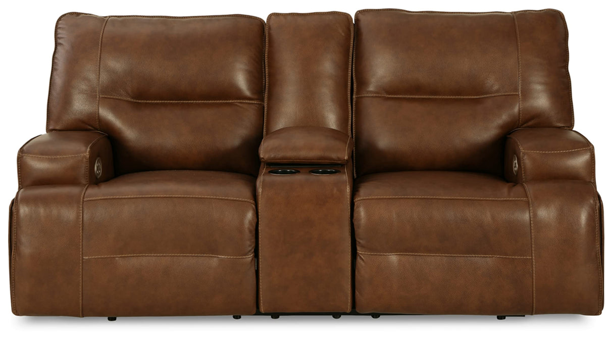 Signature Design by Ashley Francesca Modern Tufted Leather Power Reclining Loveseat with Console and Adjustable Headrest, Dark Brown Signature Design by Ashley