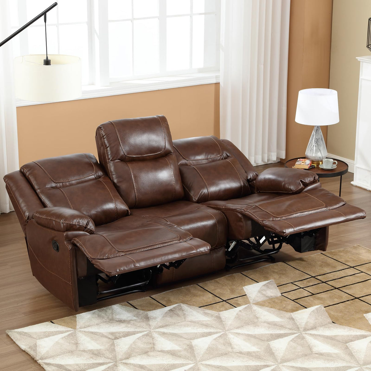 EBELLO Genuine Leather Manual Reclining Sofa, 3 Seat Recliner Sofa, Couch for Living Room, Bedroom Furniture, Meeting Room, Brown (3 Seat Sofa) EBELLO