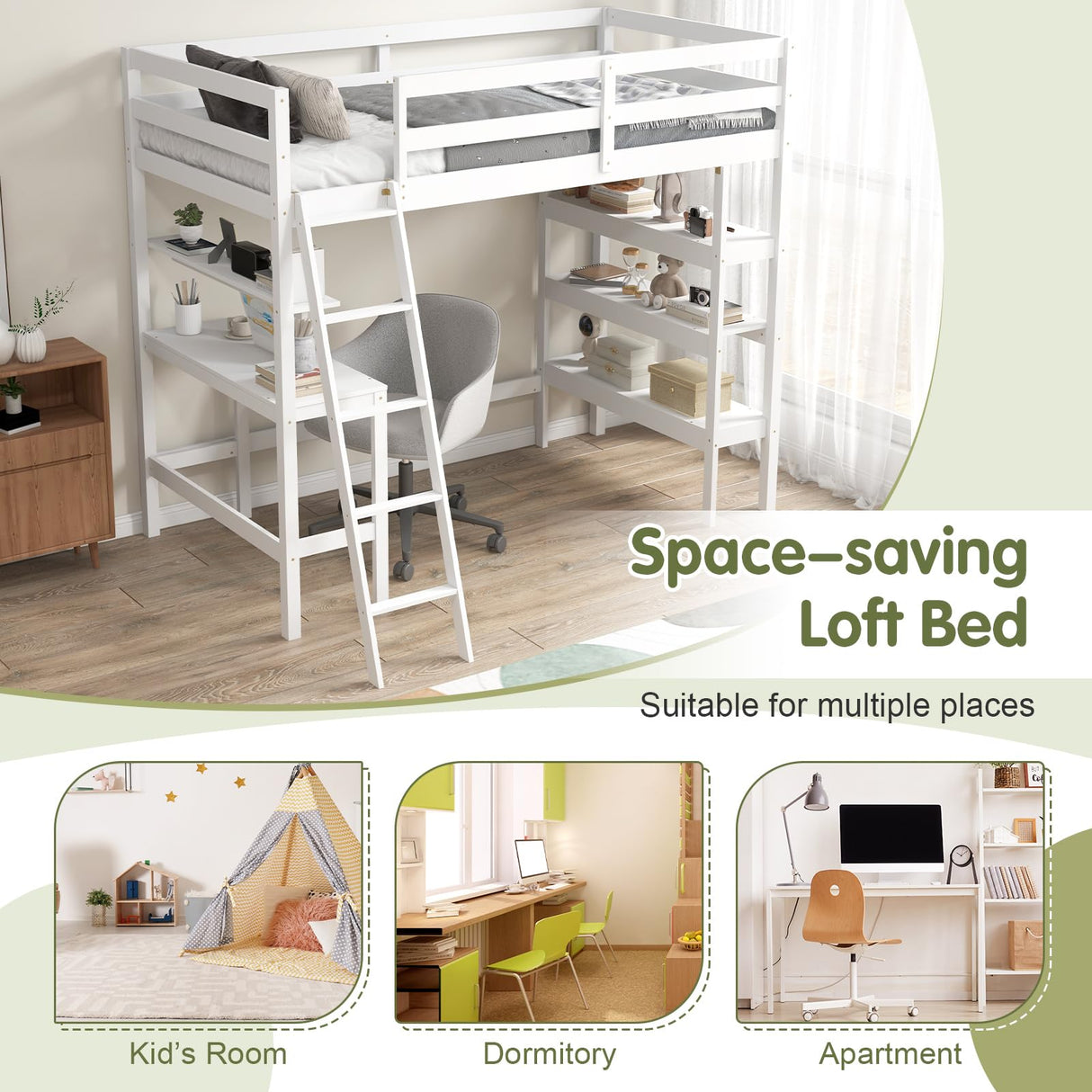 KOTEK Twin Loft Bed with Desk & Storage Shelves, Solid Wood Loft Bed Frame with Bookcase, Ladder, Guardrails, Twin Size Loft Bed for Kids, Teens, Drom, Apartment (White) KOTEK