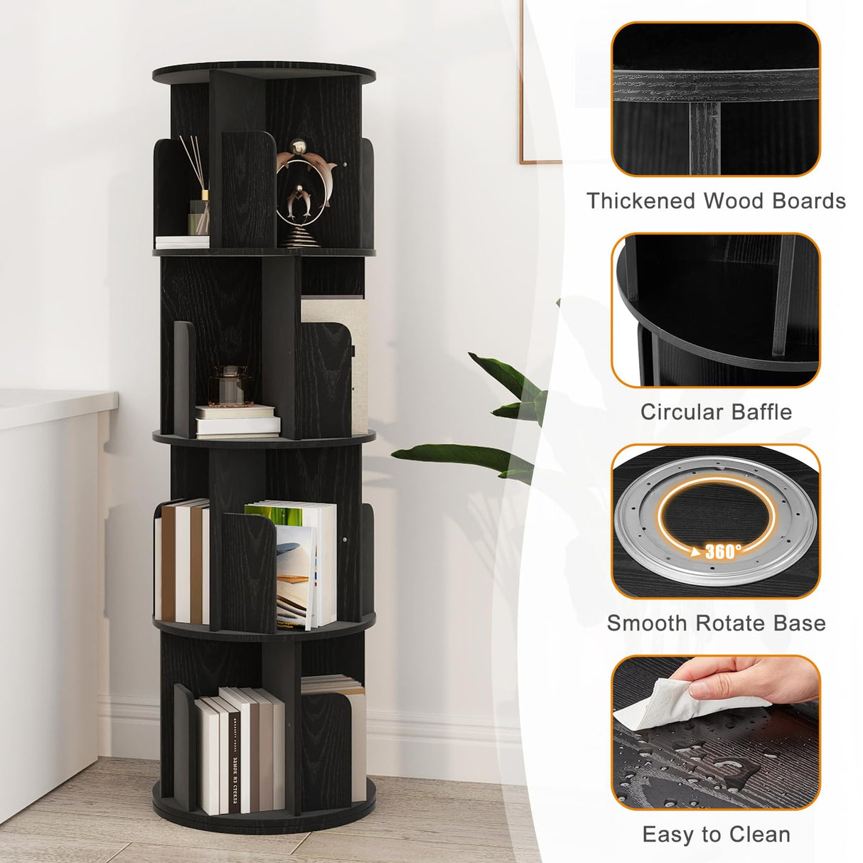 EROMMY Rotating Bookshelf, 4 Tier Spinning Bookshelf Tower, 360° Display Corner Round Bookcase for Small Space, Vertical Wood Narrow Book Shelf Organizer for Bedroom, Living Room, Black EROMMY