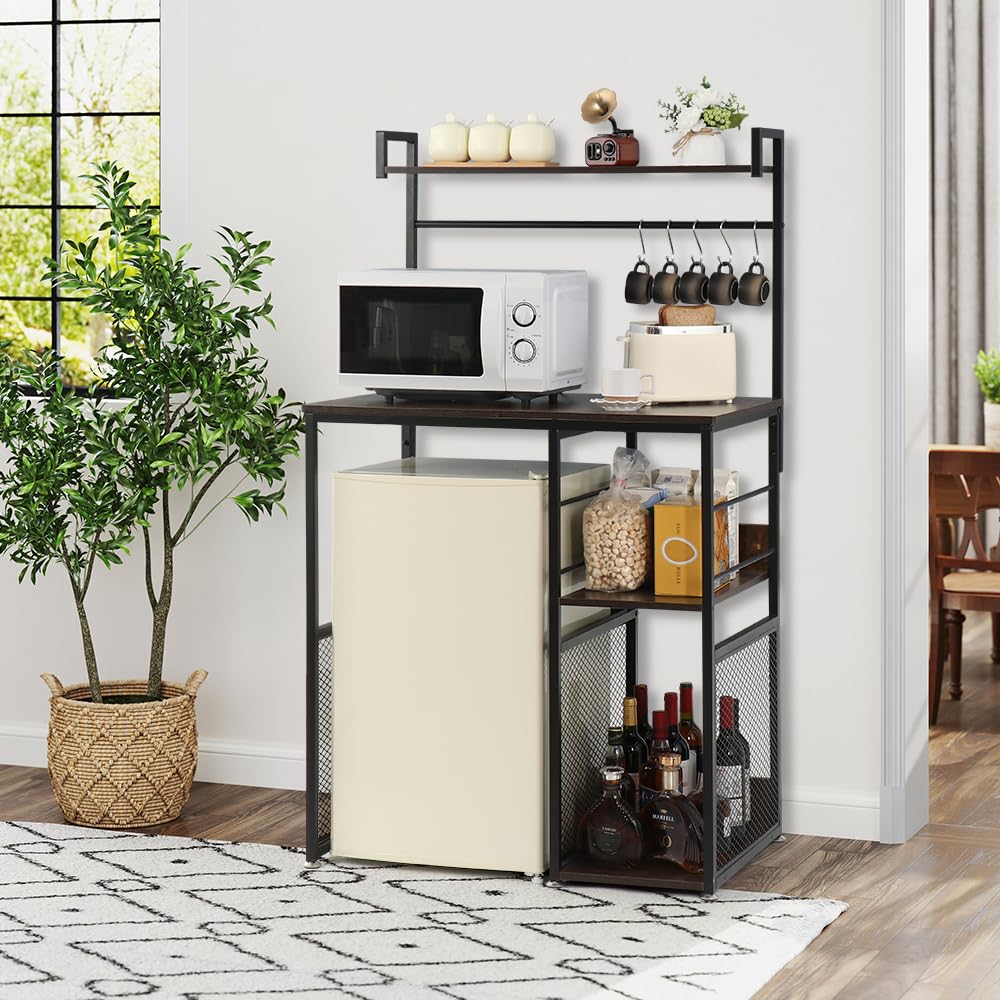 AGESISI 4-Tier Mini Fridge Cabinet Microwave Stand with Storage, 22.8"D x 35"W x 60.9"H Bakers Rack Shelf with 5 S-Shaped Hooks, Freestanding Coffee Bar Organizer for Kitchen Dorm Home, Rustic Brown AGESISI