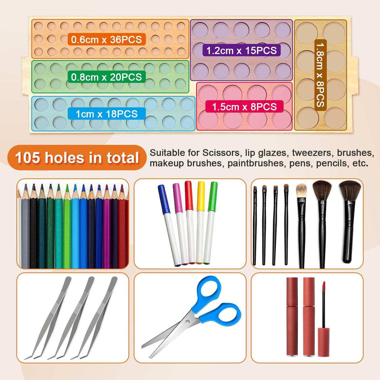 HESHUYU Wooden Paint Brush Holder 105 Holes Paintbrush Holder Organizer Paint Brush Stand Rack with Silicone Rings for Pens Pencils Artist HESHUYU