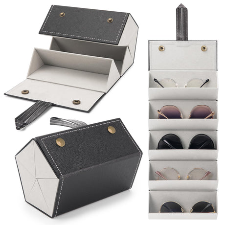 Aubeco Sunglasses Travel Case, Foldable 5 Slot Eyeglass Organizer, Hanging Storage Box for Women and Men Aubeco