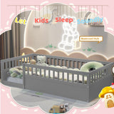 Floor Bed for Kids, Twin Size Montessori Bed with High Fence Railings, Wood Playhouse Bed with Rails for Baby Boys Girls Teens, No Slats Included, Gray Mirightone