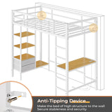 DICTAC Loft Bed Twin Size with Desk and Charging Station Metal Loft Bed with Led Lights,Storage Shelves and Drawers Twin Size Bed with Clothes Rail,Safety Guard & Ladder,No Box Spring Needed,White DICTAC