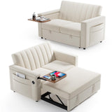 Marsail 3-in-1 Convertible Sofa Bed, 54" Sleeper Sofa with Solid Wood Side Table & Frame, Pull-Out Couch with USB Ports & Side Pockets, Loveseat Sofa with Adjustable Backrest, White Marsail