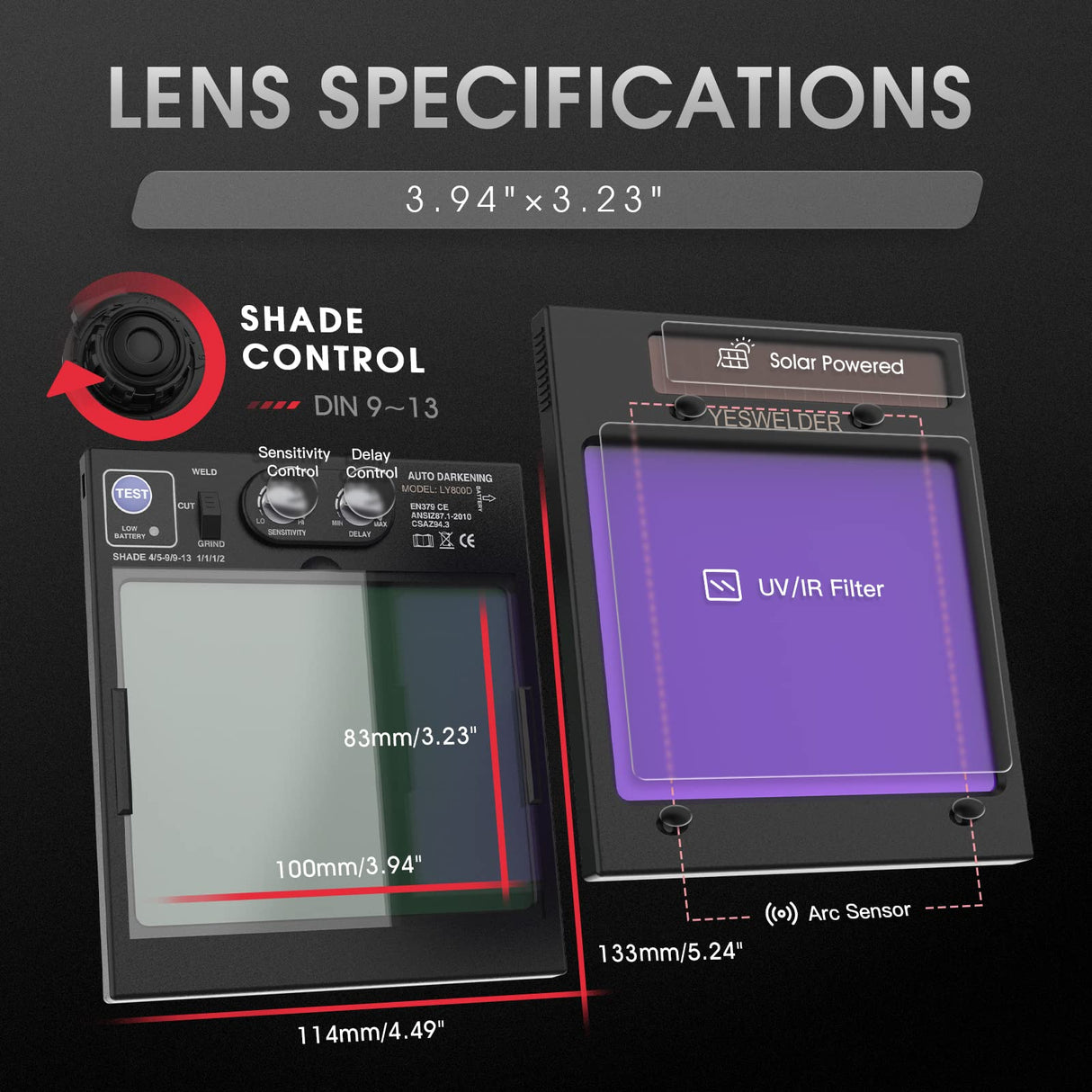 YESWELDER Large Viewing True Color Solar Powered Auto Darkening Welding Helmet with SIDE VIEW, 4 Arc Sensor Wide Shade 4/5-9/9-13 Welder Mask for TIG MIG ARC Grinding Plasma LYG-Q800D-CP YESWELDER