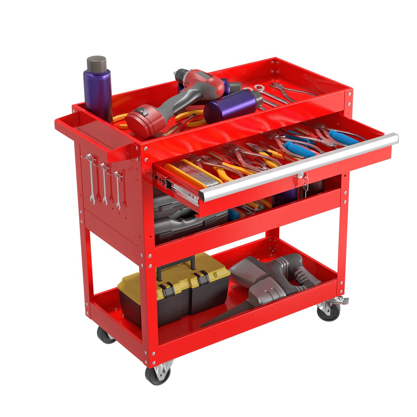 3 Tier Rolling Tool Cart, Tool Cart with Wheels and Drawers, 500 LBS Capacity Service Utility Cart, Mechanic Tool Cart on Wheels for Garage, Warehouse, Repair Shop, Red