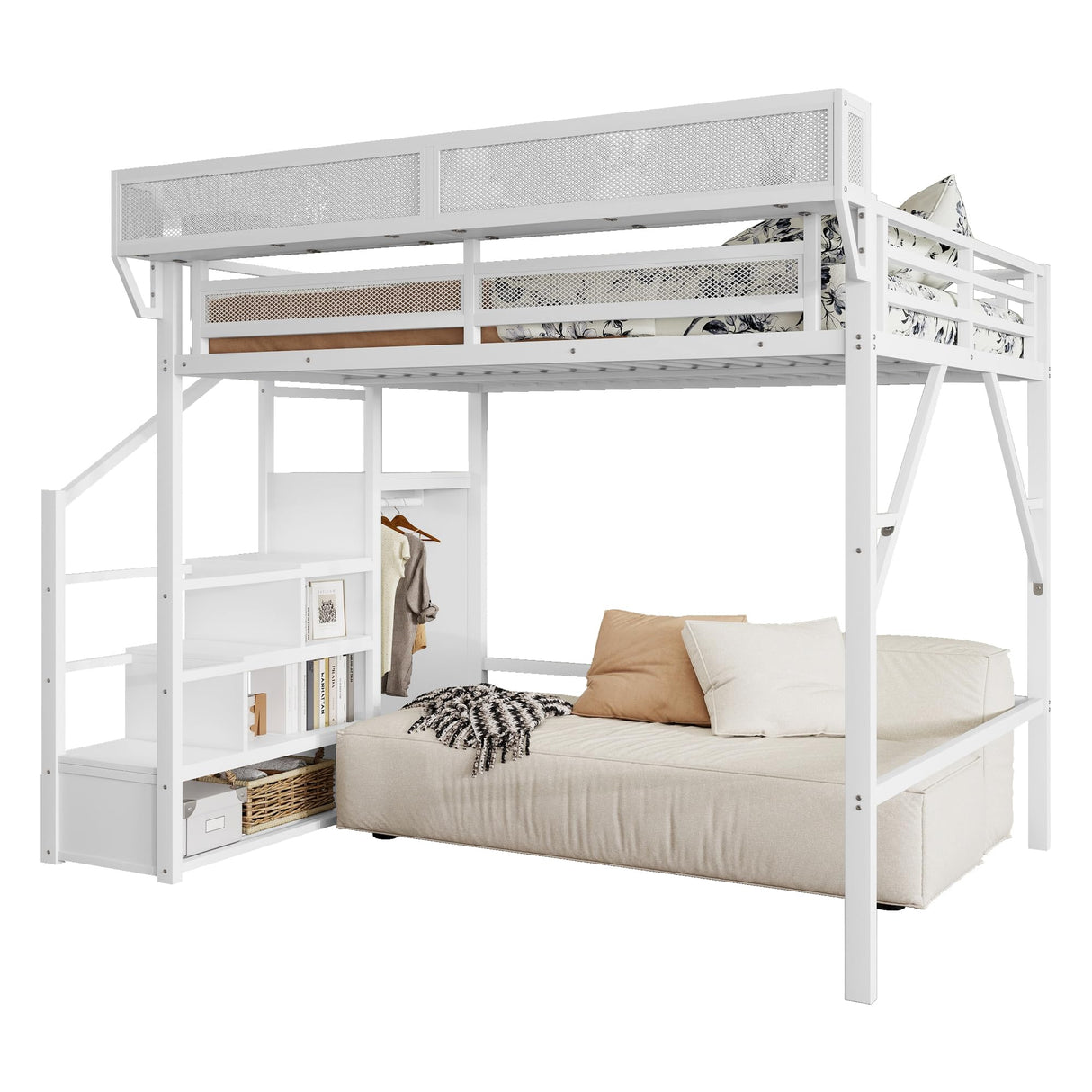 Mirightone Queen Size Loft Bed with Stairs and Storage, Metal Loft Bed Frame with Bedside Shelf and Large Under-Bed Space, Heavy-Duty Loft Beds for Adults Teens and Kids, White Mirightone