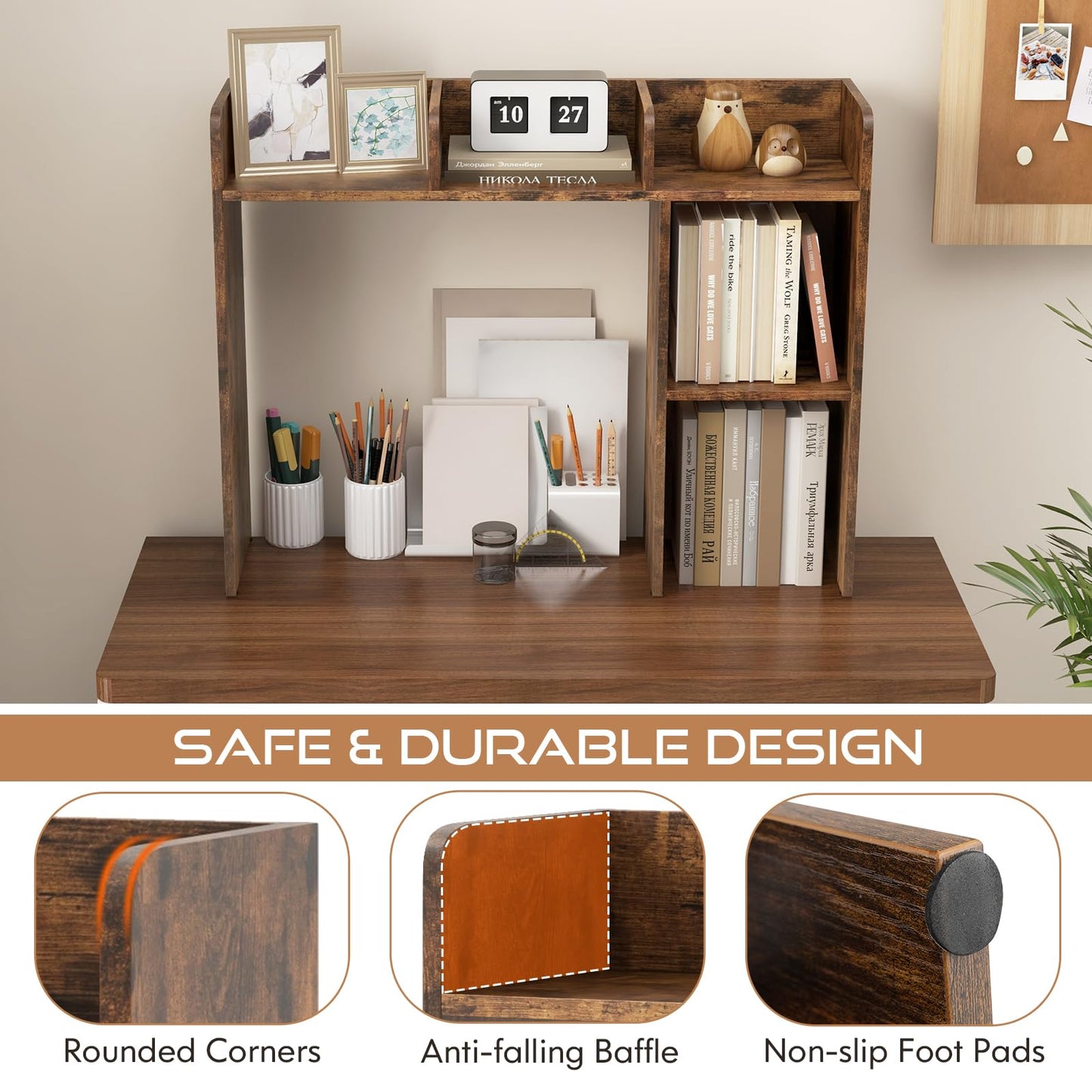 Tangkula Brown Desktop Bookshelf and Storage Hutch with 5 Shelves for Organised Workspaces - WoodArtSupply