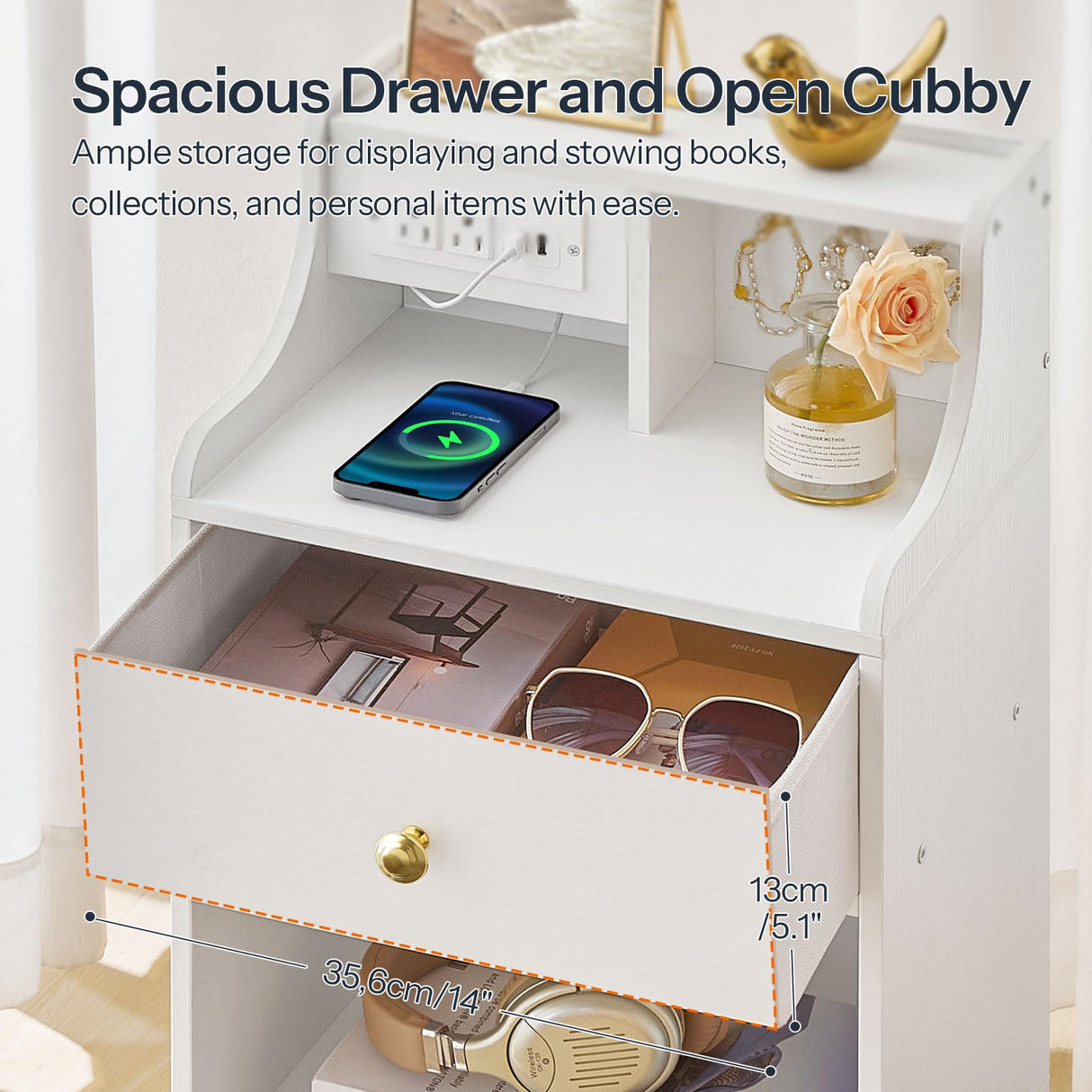 HOOBRO Nightstand with Charging Station and LED Light, Bedside Table with Fabric Drawer, End Table with USB Ports & Outlets, Modern Side Table, Sofa Table for Bedroom, White WT188UDBZ01 HOOBRO