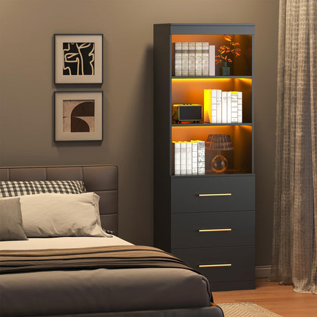 Winkalon 71“H Black Bookshelf with LED Light, Bookcase and Bookshelf with Drawers, Tall Bookcase Tall Storage Cabinet 3-Tier Open Shelves for Home Office Living Room Bedroom Winkalon