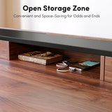 FEZIBO 55" Whole-Piece Standing Desk Adjustable Height with Drawers, 55 x 24 inches Electric Adjustable Desk with Monitor Shelf, Sit Stand Rising Desk with Baffle, Black Walnut FEZIBO