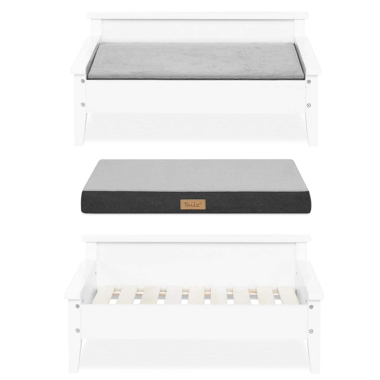 TailZzz Wooden Dog Bed with Water-Resistant Mattress, Small to Medium Elevated Pet Bed with Calming Pet Mattress, Greenguard Gold Certified, Modern Dog Couch, Winston, White TailZzz