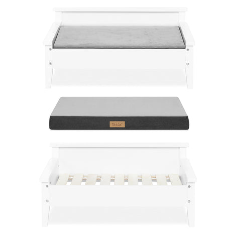 TailZzz Wooden Dog Bed with Water-Resistant Mattress, Small to Medium Elevated Pet Bed with Calming Pet Mattress, Greenguard Gold Certified, Modern Dog Couch, Winston, White TailZzz