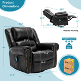 OUINCH Manual 360 Degree Swivel Glider Rocker Recliner Chair with Massage and Heat, USB Ports and 2 Side Pockets, Faux Leather, Black OUINCH