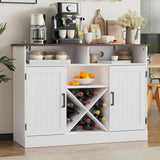MHOM Farmhouse Coffee Bar Cabinet with Prower Outlets, Rustic Liquor Cabinet with Wine Rack, Wooden Wine Cabinet for Dining Room & Living Room, White MHOM