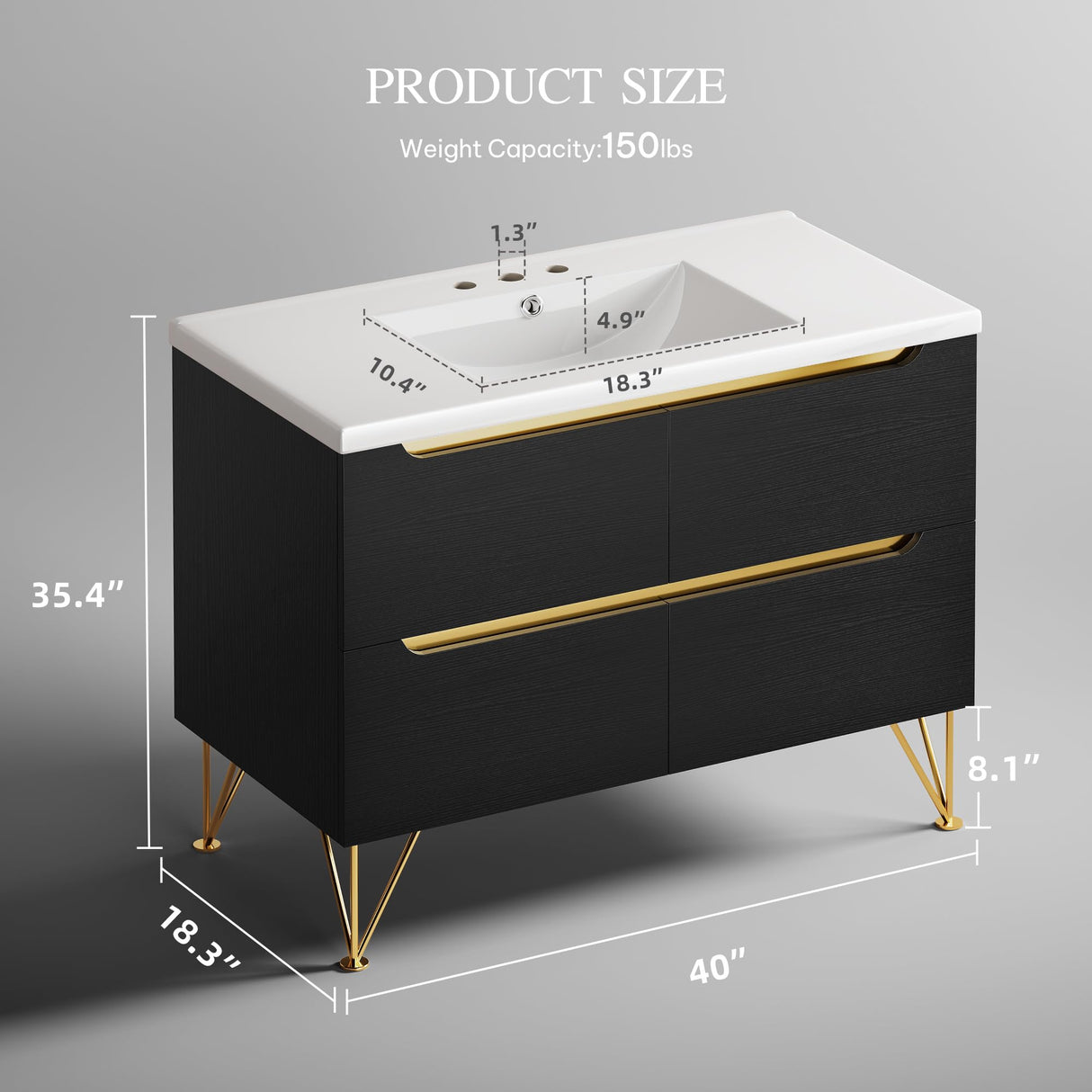 DWVO 40 Inch Freestanding Bathroom Vanity with Sink Combo, Modern Undermount Bathroom Storge Cabinet with 3 Holes Ceramic Basin, 4 Extra Large Drawers, Black DWVO