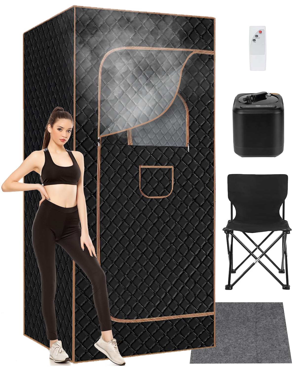 Portable Steam Sauna for Home: Full Body Sauna Box with 3L Steamer, Folding Chair, Home Sauna Tent Even Heating Spa for Women and Men Black & Brown, 35.4" x 35.4" x 70.86" GREENEVER