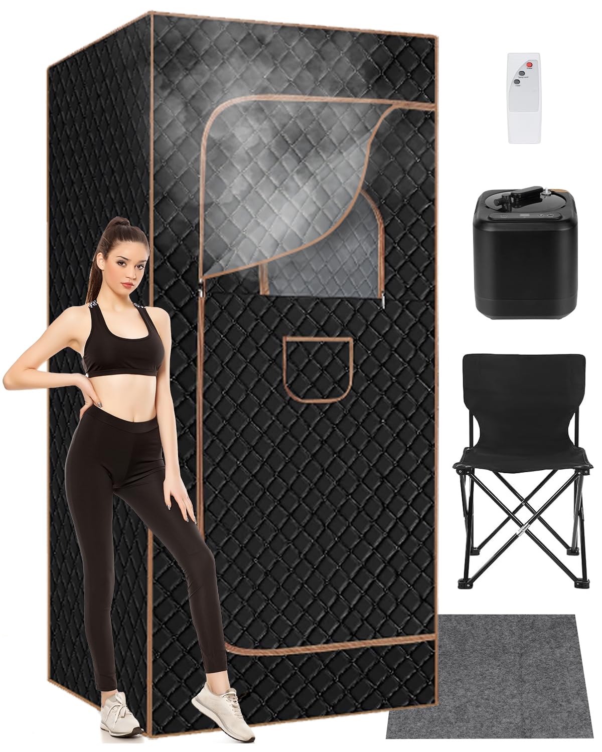 Portable Steam Sauna for Home: Full Body Sauna Box with 3L Steamer, Folding Chair, Home Sauna Tent Even Heating Spa for Women and Men Black & Brown, 35.4" x 35.4" x 70.86"