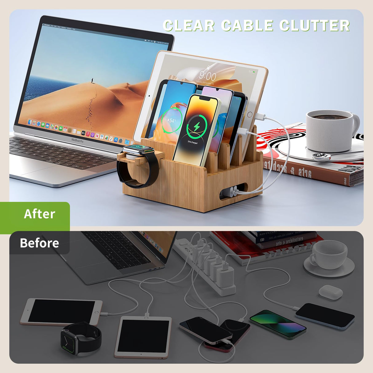 Pezin & Hulin Bamboo Charging Stations, Cell Phone Organizer for Multiple Devices, Tablets, Smart Watch, Included 5 Port USB Charger, Pack 5 Cables Pezin & Hulin