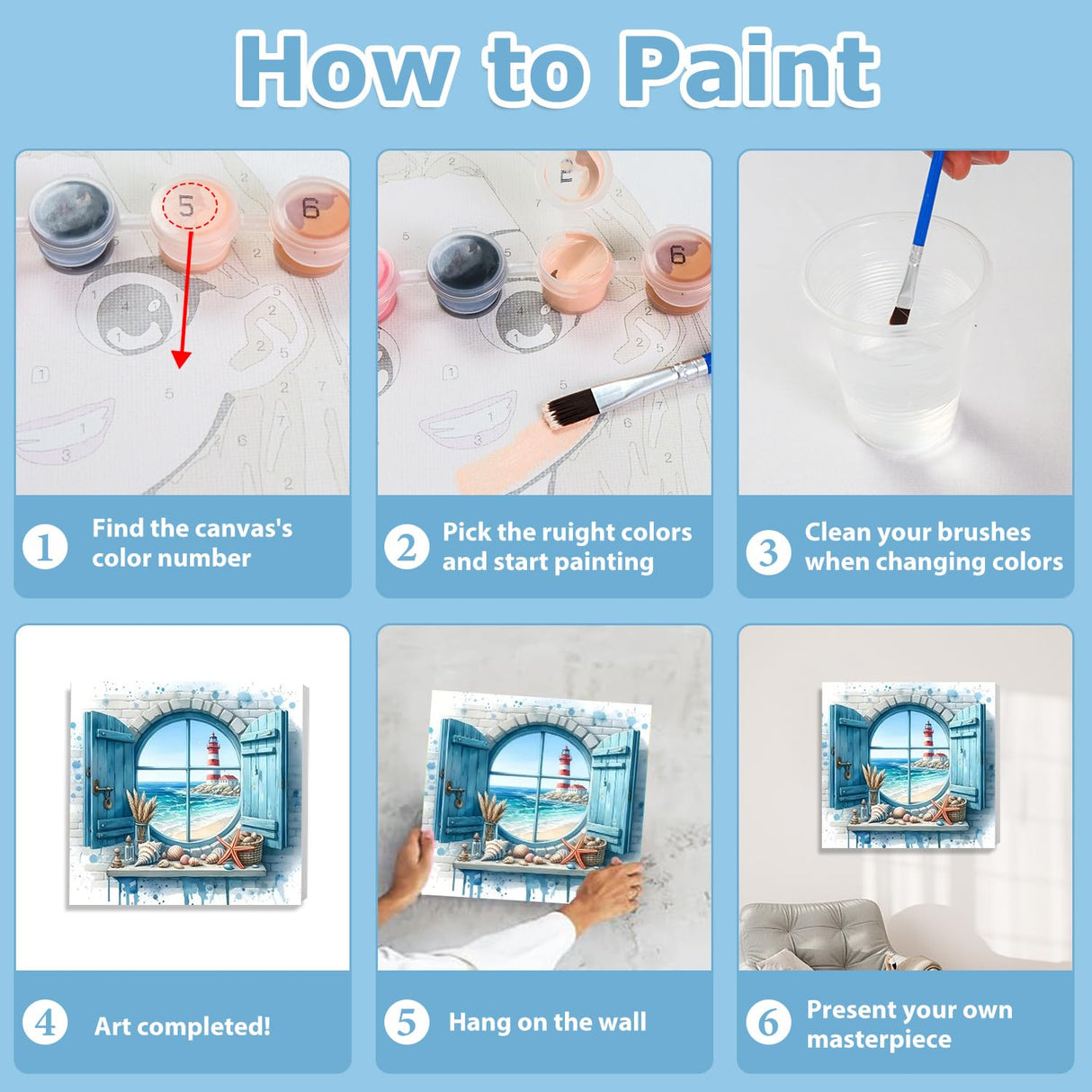 Beach Paint by Numbers Kit for Adults Beginner, Beach Paint by Numbers with Frame and Easel, DIY Crafts Painting by Number for Gift Home Wall Decor 9.84x9.84 inch hkejoi