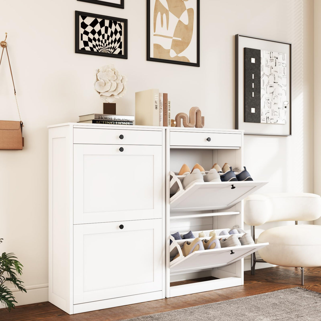 VOWNER Shoe Cabinet with 2 Flip Drawers, Narrow Shoe Storage Cabinet with Drawer, Shoe Cabinet Organizer for Entryway, Hallway, White VOWNER