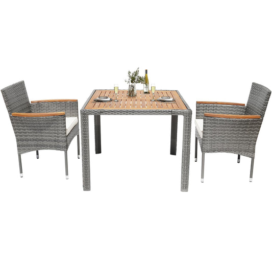 ARTBUSKE 3 Pieces Patio Dining Sets Outdoor Patio Furniture Sets with Acacia Wood Table Top Rattan Outdoor Furniture Set for Patio, Yard,Deck,Gazebo, Grey