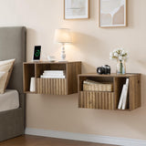 BuildHom Floating Nightstand with Charging Station - Modern Rustic Brown Fluted Bedside Table with Drawer, USB Ports & Outlets (Set of 2) BuildHom