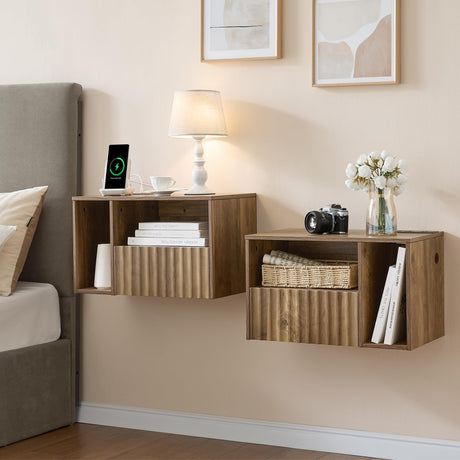 BuildHom Floating Nightstand with Charging Station - Modern Rustic Brown Fluted Bedside Table with Drawer, USB Ports & Outlets (Set of 2) BuildHom